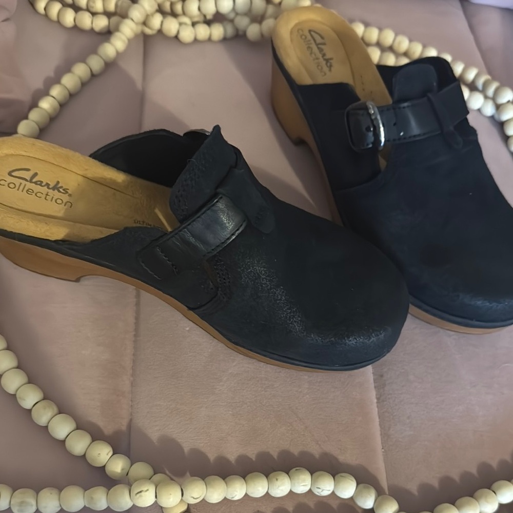 Clarks Black Mules with Wooden Sole and Decorative Buckle